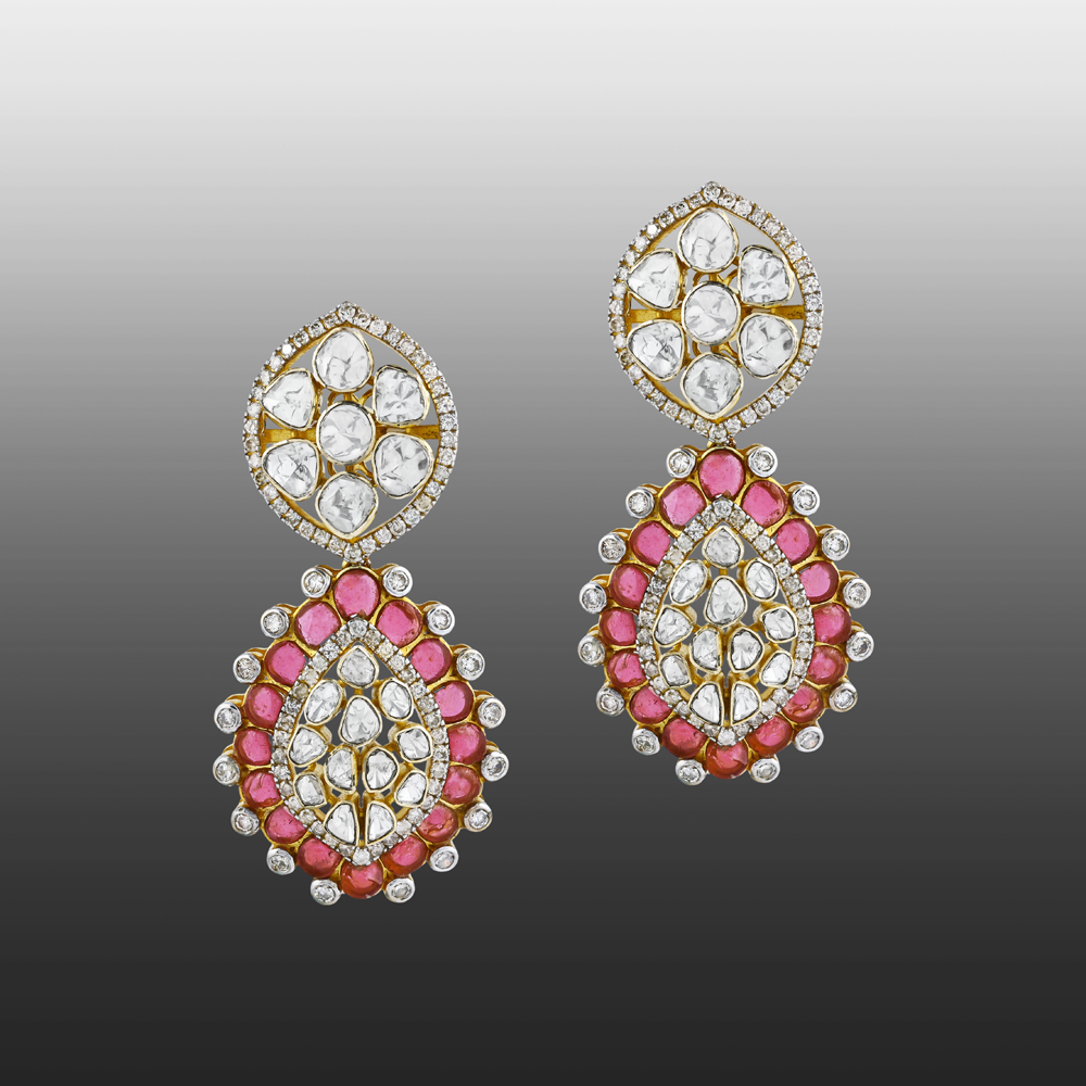 Earrings with Uncut Diamonds and Pink Colour Stone Accents